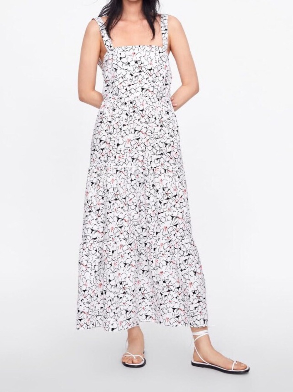 Zara White Maxi Dress with Black and Pink Floral Print - Picture 2 of 8